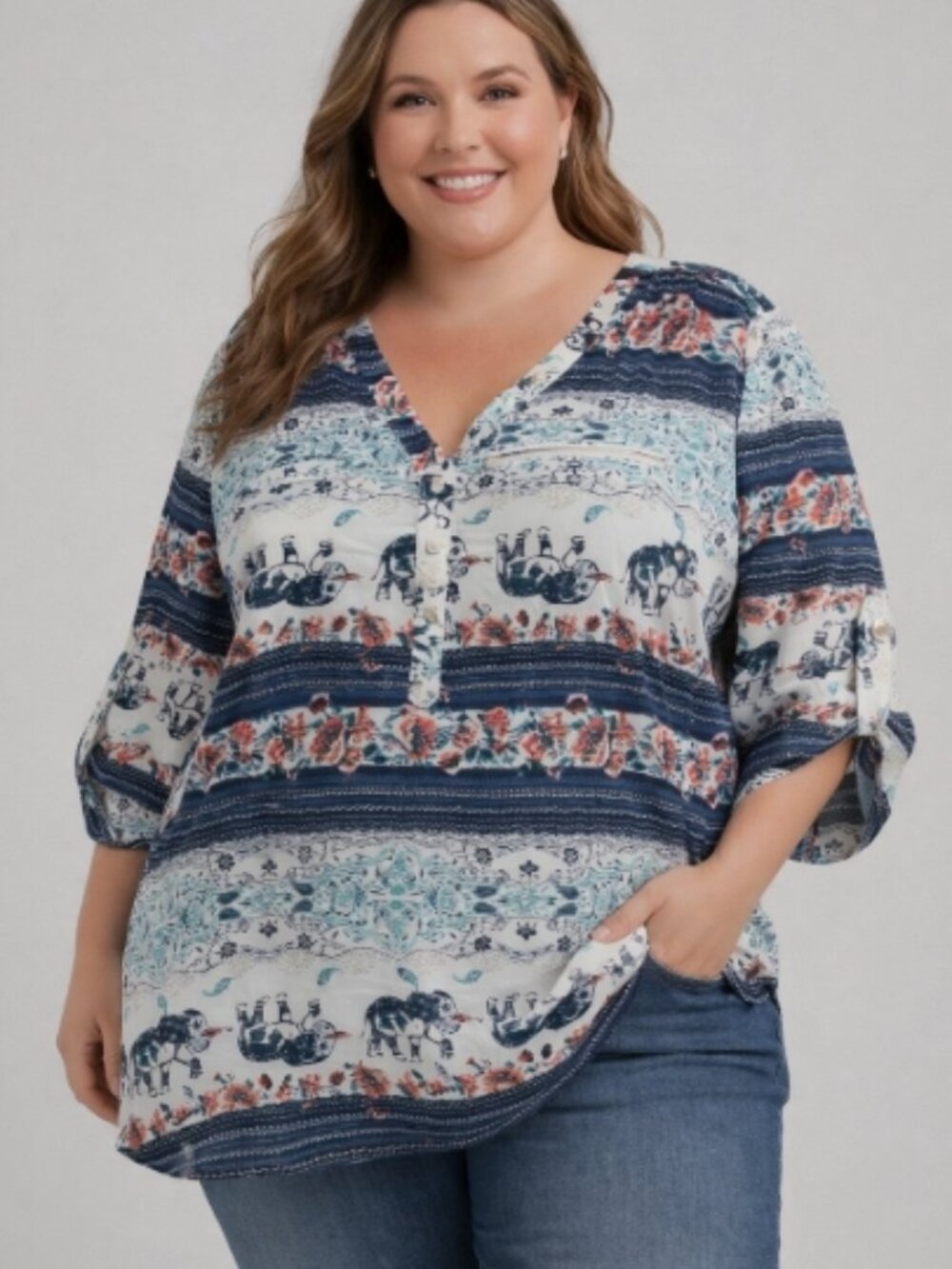 Justify Women’s Boho Elephant Print Tunic Blouse - V Neck, Tab Sleeve, Size 3X